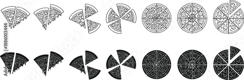 Pizza slice and whole pizza outline and silhouette icons set, black and white vector collection for fast food, restaurant menu and design use