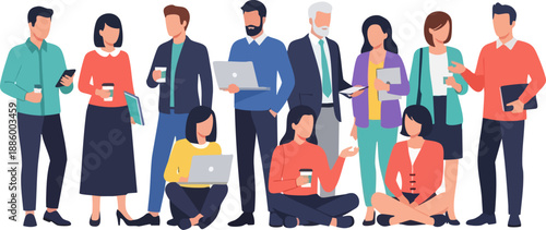 Diverse group of professionals and colleagues collaborating together in a modern business team setting on white background