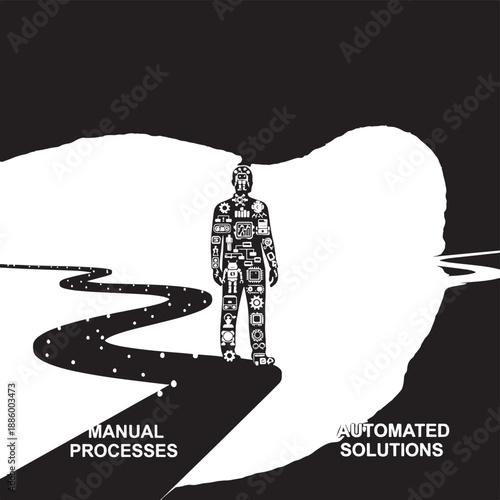 Silhouette of a person made of icons, standing at a crossroads of manual processes and automated solutions