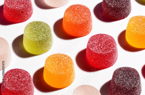 Colorful Fruit Gummies Arranged in Rows. AI generated.