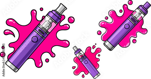 Three purple electronic vaporizers with bright pink liquid splash illustrations stylized in a graphic design on white background