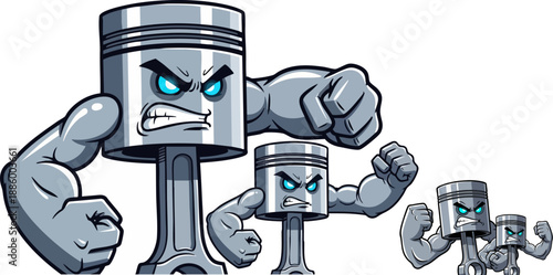 Cartoon angry muscular engine pistons preparing for a powerful mechanical fight on white background