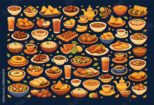 Iftar food collection with traditional snacks, sweets and drinks for Ramadan celebration