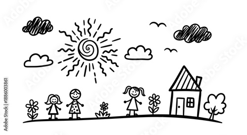 Childrens Drawing of Happy Family and Home Scene.