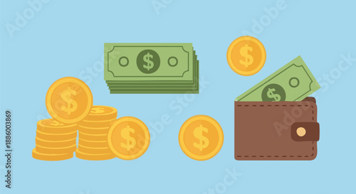 Stacks of golden dollar coins and green paper currency banknotes scattered near a brown leather wallet on white background