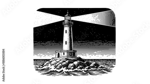 Classic lighthouse stands tall on rocky island guiding ships safely through the dark ocean waters.