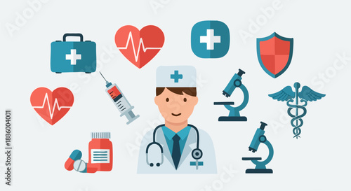 Professional medical doctor surrounded by essential healthcare symbols and laboratory equipment on white background