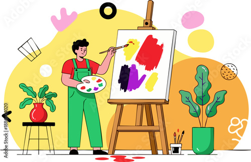 Young male artist wearing overalls diligently applying vibrant abstract colors onto a large canvas easel in a studio setting on white background