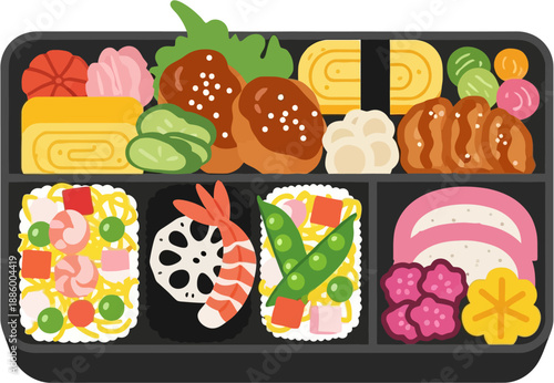 Bento Style Hinamatsuri Meal Vector Illustration of Traditional Japanese Lunch Box with Colorful Festival Foods in Cute Flat Design