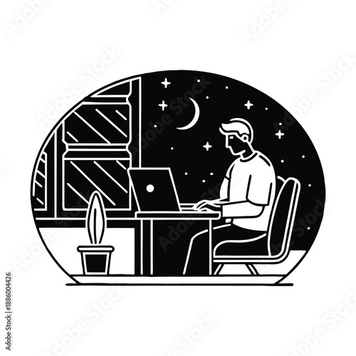 Freelancer working late night silhouette