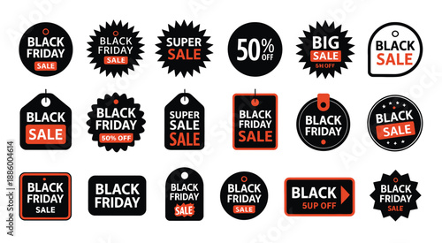 Black Friday sale badge icons set, promotional discount label and sticker collection with super sale big sale offer tags for ecommerce marketing design.