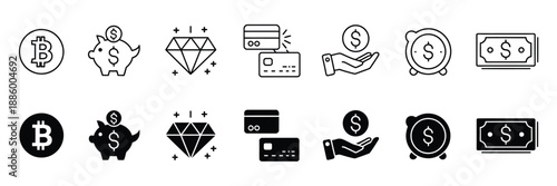finance money icons set, banking payment and wealth symbols including bitcoin piggy bank credit card cash diamond savings for modern financial design.