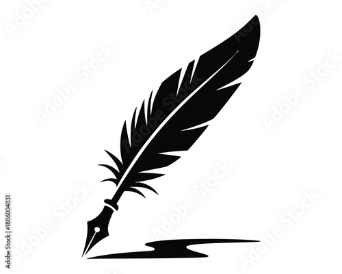 Feather quill pen silhouette illustration, classic writing symbol representing literature creativity poetry and historical calligraphy for logo branding editorial design and artistic projects.