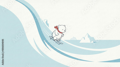 Minimalist illustration of a cute polar bear with a red scarf skiing down a stylized snowy slope, featuring clean lines, soft blue tones, and geometric icebergs in the background.