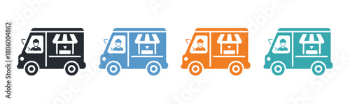Food truck icon set, colorful street food delivery van symbols with vendor window and driver for mobile restaurant service, urban business and app design use.