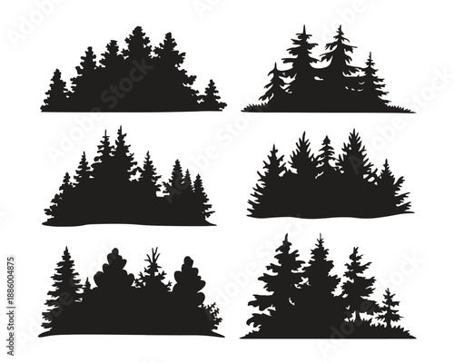 Forest silhouette landscape set, black nature tree scenery collection with pine woodland shapes for outdoor background design, ecology themes and creative projects.