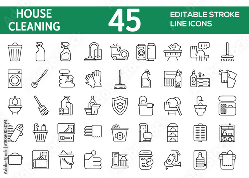 House cleaning line icons set, editable stroke household hygiene symbols collection including tools laundry kitchen bathroom objects for professional cleaning service design.