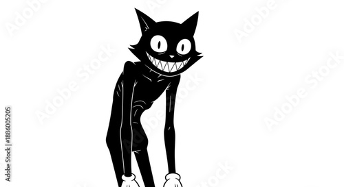 Creepy Cartoon Cat Character with Wide Grin and Big Eyes.
