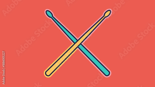 Crossed drumsticks illustration on a red background musical instrument concept.