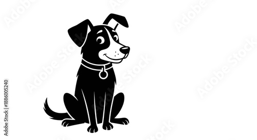 Cute Black and White Cartoon Dog Sitting Happily.