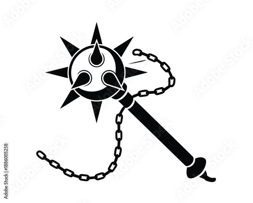 Medieval flail chain weapon illustration, black and white spiked ball mace with chain handle for historical warfare fantasy art and game design use.