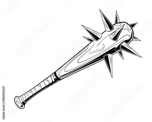 Medieval spiked mace weapon illustration, black and white hand drawn fantasy battle club with metal spikes for historical warfare and game design.