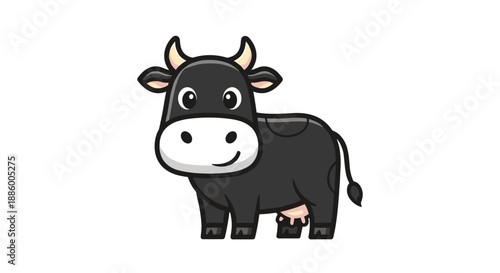 Cute Black Cartoon Cow Standing Proudly Isolated White Background.