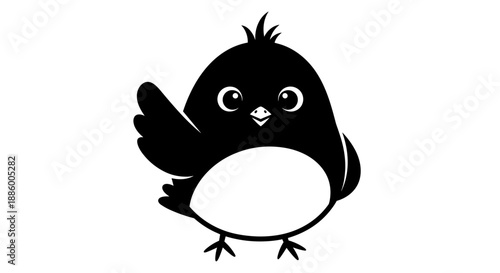 Cute Black Bird Waving Hello Cartoon Style.