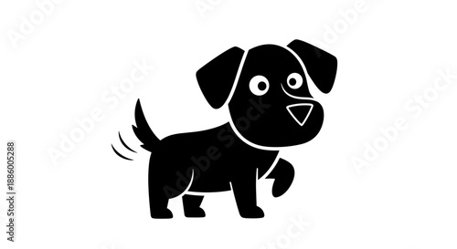Cute Black Dog Silhouette Icon Waving Tail.