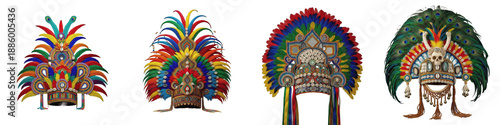 фотографія Aztec Headdress Set Isolated on White PNG Traditional Mayan Feathered Headpiece