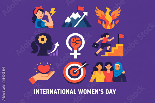 International Women’s Day women resilience perseverance icon set