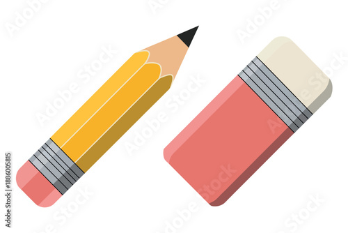 Colorful illustration of pencil and eraser on white background for education and stationery use