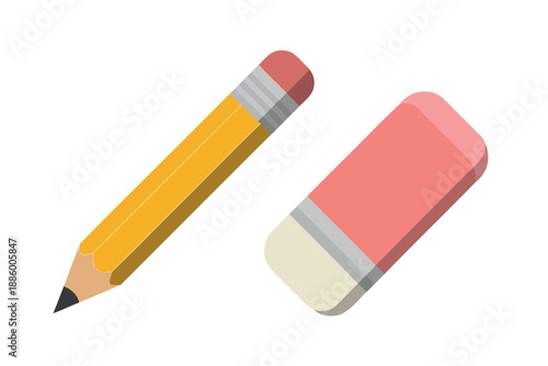 Colorful illustration of pencil and eraser on white background for education and stationery use