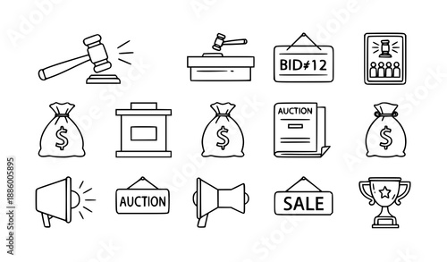 Auction House Icons Vector Collection – Editable Stroke Line Art for Creative Use