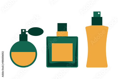Colorful illustration of perfume bottles and spray containers in green and yellow hues