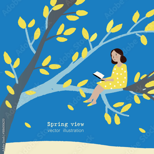 Vector illustration of a girl sitting on a branch with a book. Spring theme. Cute romantic image. Tree, leaves, flowers. Cartoon simple style. Sketch, hand drawn. Calm,  comfort, harmony, nature
