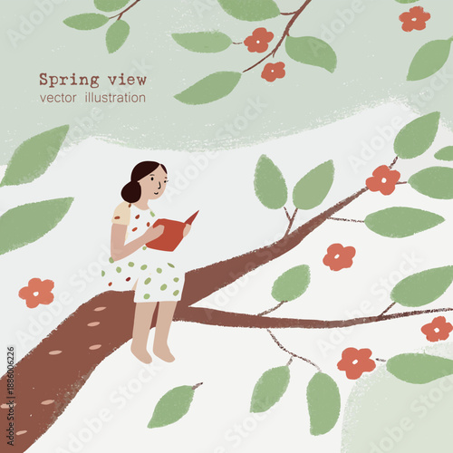 Vector illustration of a girl sitting on a branch with a book. Spring theme. Cute romantic image. Tree, leaves, flowers. Cartoon simple style. Sketch, hand drawn. Calm,  comfort, harmony, nature
