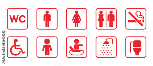 restroom toilet icons set, public bathroom symbols including male female unisex disabled shower bathtub and no smoking signs for facility signage design.