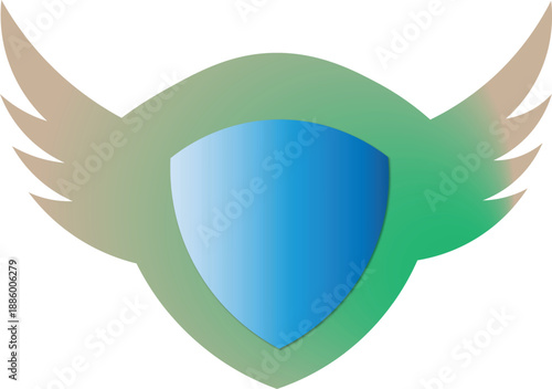  winged shield emblem with blue protection symbol and green heart showing security safety and guardian strength isolated on white background.