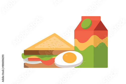 Colorful illustration of sandwich, egg, and juice box on white background for breakfast concept