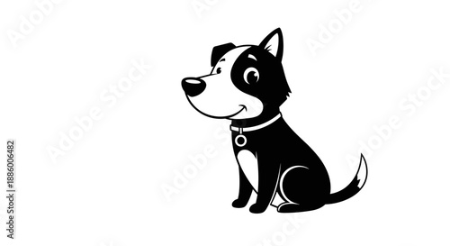 Cute cartoon black and white dog sitting attentively.