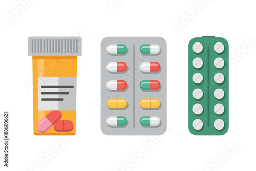 Colorful illustration of various pills and capsules in blister packs and bottle on white background