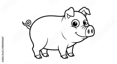 Cute Cartoon Pig Illustration Outline Drawing.