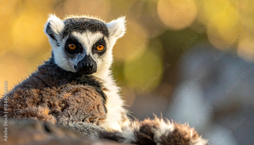 Fototapeta premium Ring-tailed lemur with amber eyes poses alertly against a bokeh background, showcasing its unique markings and fluffy fur
