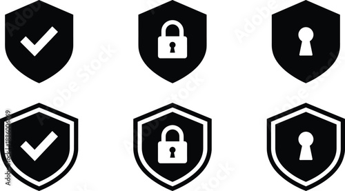 Security shield icons set with check mark lock and keyhole symbols minimalist vector illustration for protection privacy safety design usage