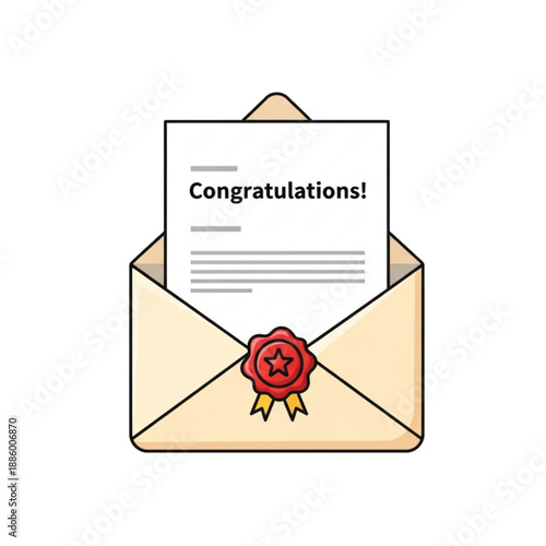 Award letter in envelope with red seal, symbolizing congratulations, approval, or official notification.
