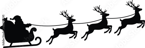 Santa Claus sleigh silhouette with flying reindeer creating magical Christmas night holiday celebration winter vector illustration design