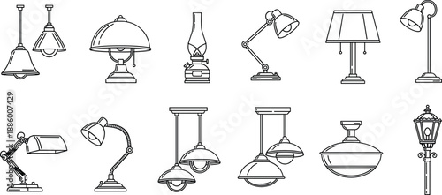 Vintage and Modern Lamp Icon Set in Black and White, Outline Desk, Table, Ceiling, and Street Lighting Fixtures for Interior Design