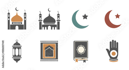 Islamic symbols and icons set including mosques, crescent moons, and traditional elements.