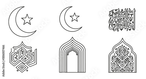 Islamic Symbols and Architectural Elements Line Art.